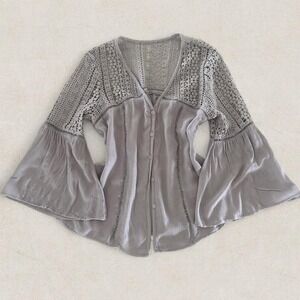 Boho Crochet Lace Bell Sleeve Button Front Blouse Grey Lavender V-Neck Top